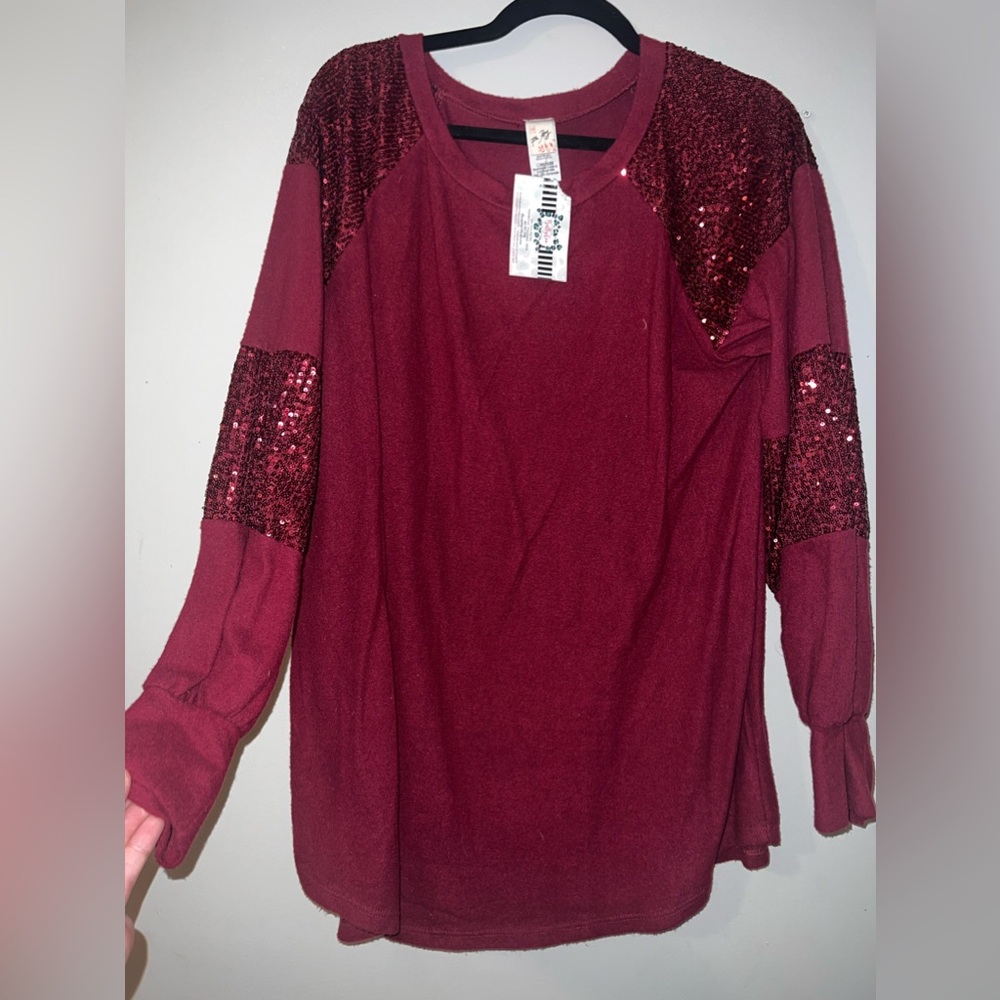 Maroon Sweater with sequins. Bought from boutique, NWT. 7th Ray Brand. 3X.